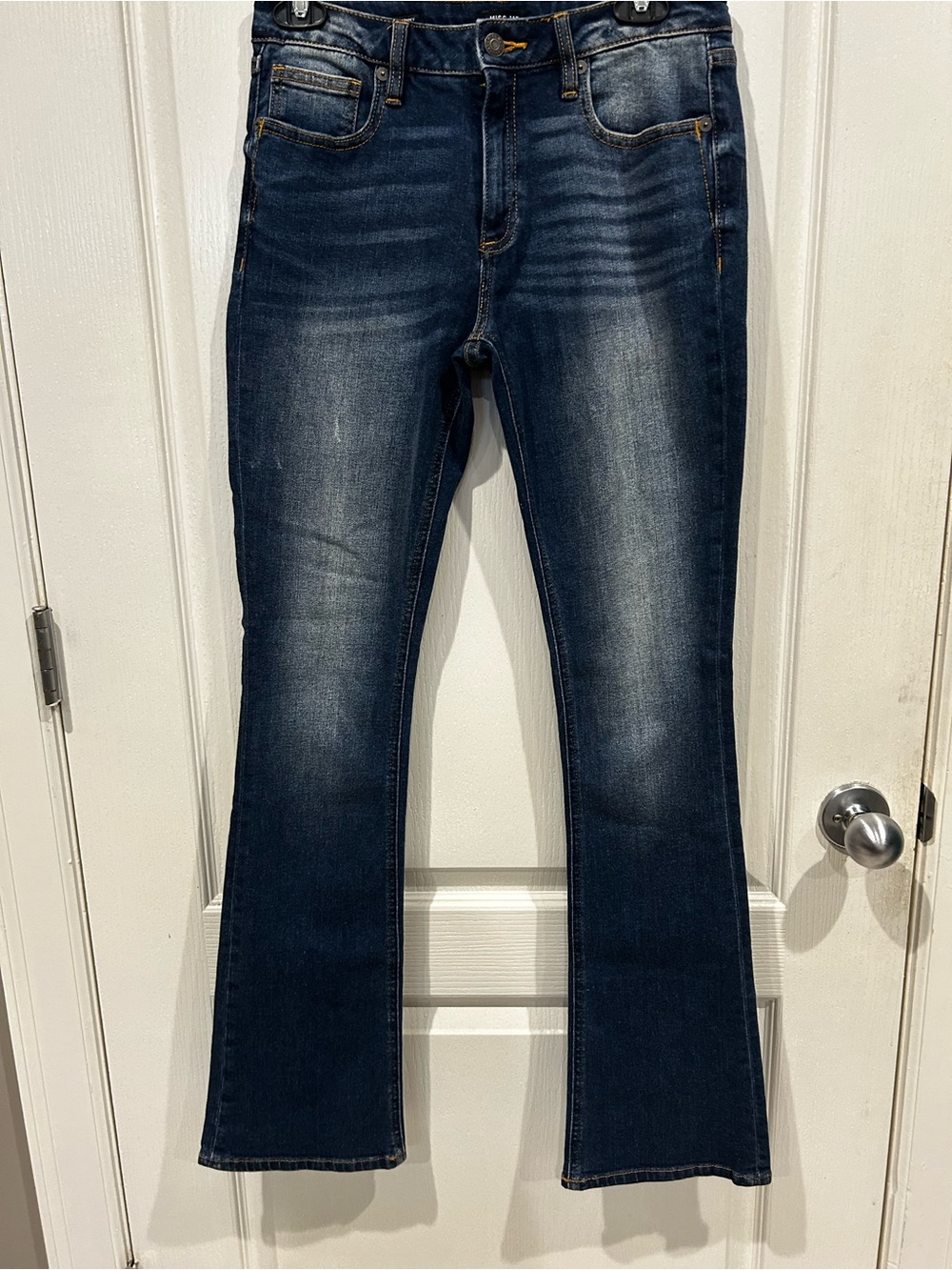 Miss Me Women Size 29 Dark Blue Flare Jeans with Faded Whiskering